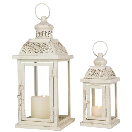 Large Lantern Decorative Outdoor & Indoor, Set of 2 (14’’&10’’) Metal Candle Lanterns Decor, Vintage Hanging Candle Holder for Front Porch Patio Wedding Farmhouse Home, Spring Decoration - color: Begie / 14.4’’h + 9.8’’h