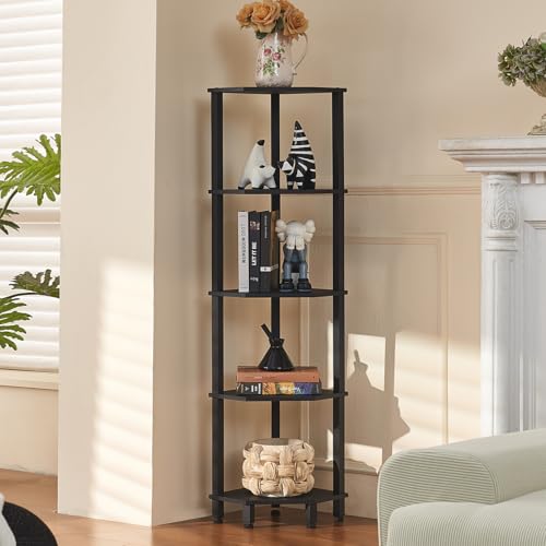 YUFAM 5-Tier Corner Shelf, Black | Wooden Corner Bookshelf for Small Spaces, Corner Standing Shelf with Sturdy 5-Leg Base - color: Black, size: 5 Tier