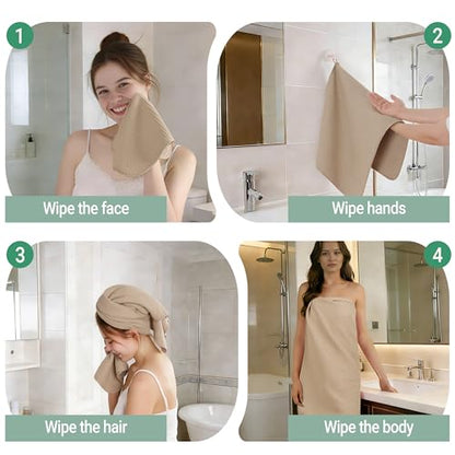 MICROFI Waffle Weave Bath Towel Set, Microfiber, 4 Pieces (Body/Hair/Hand/Face), Quick Dry, Lightweight, Super Absorbent, Lint Free, 380 GSM (Beige) - color: Beige