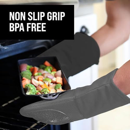 BPA-Free Soft Silicone Oven Mitts - Ultra Heat Resistant Oven Mitts with Thick Cotton Liner - Long Slip Resistant Pot Holders, Flexible Oven Gloves - Gray 13.7" - color: Gray, size: 2-Piece 13.7" Oven Mitts