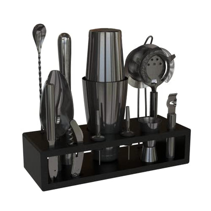Highball & Chaser 13-Piece Gunmetal Black Stainless Steel Boston Cocktail Shaker Bar Tool Set with Mixology Bartender Kit Accessories - color: Gunmetal Black