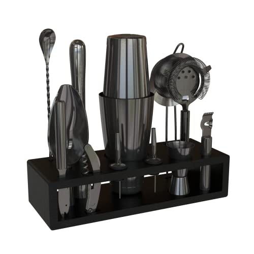 Highball & Chaser 13-Piece Gunmetal Black Stainless Steel Boston Cocktail Shaker Bar Tool Set with Mixology Bartender Kit Accessories - color: Gunmetal Black