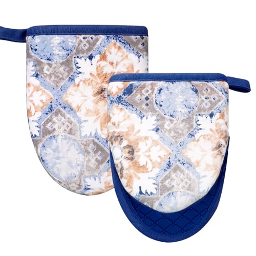 Mini Silicone Oven Mitts, Heat Resistant Kitchen Mittens 2-Pack Set | Non-Slip Khaki Patchwork Flower Soft Short Oven Gloves, Flexible Thick Pot Holders for Safe Cooking Baking (Dusty Blue) - color: Dusty Blue, size: Mini Oven Mitts