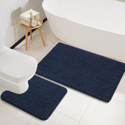 LOCHAS Bathroom Rugs Sets 2 Piece, 20''x20'' & 34''x21'', Navy | Non Slip U-Shaped Toilet Rug, Chenille Washable Absorbent, Soft Bath Mat Set for Shower, Sink - color: Navy