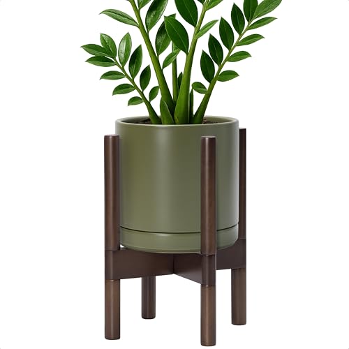 D'vine Dev Ceramic Pot with Walnut Wood Stand, Olive, 8 in, 55-B-Y-J | Mid-Century Modern Design, Raised Plant Display, Solid Beech Wood Stand, Premium Craftsmanship, Sophisticated Home Decor - color: Olive Pot + Walnut Color Stand, size: 8 Inch