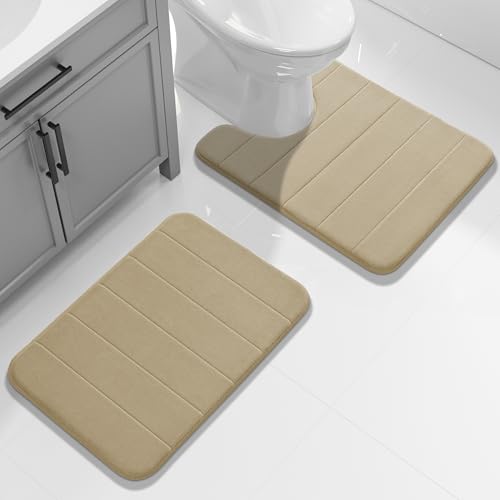 Yimobra U-Shaped Toilet Bath Mat Set 2 Piece - Soft Absorbent Quick Dry Memory Foam Bathroom Rugs, Machine Washable Non Slip Floor Carpet for Tub Shower & Single Sink (17x24 & 24x20, Pale Khaki) - color: Pale Khaki, size: 24x17+24x20 Inch