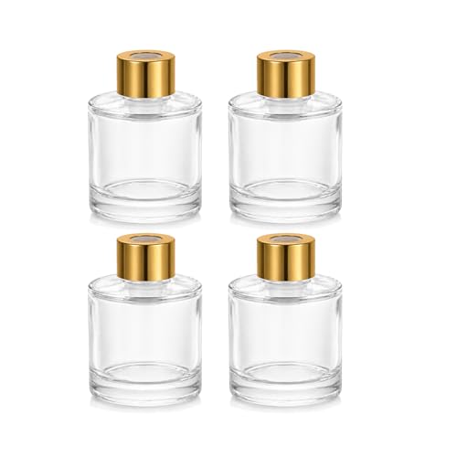 50ml Clear Glass Reed Diffuser Bottles Set of 4 Empty Aromatherapy Bottles with Gold Cap, Round Essential Oil Diffuser Container for Home Fragrance, DIY Scent, Bathroom, Office Decor