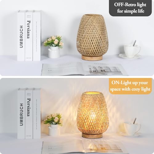 Rattan Table Lamp, Stepless Dimmable Small Beside Lamp, Vintage Wicker Wooden Nightstand Boho Bamboo Woven End Table Lamps for Bedroom Living Room Desk Kids Room, 2700K T45 LED Bulb Included