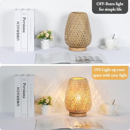 Rattan Table Lamp, Stepless Dimmable Small Beside Lamp, Vintage Wicker Wooden Nightstand Boho Bamboo Woven End Table Lamps for Bedroom Living Room Desk Kids Room, 2700K T45 LED Bulb Included