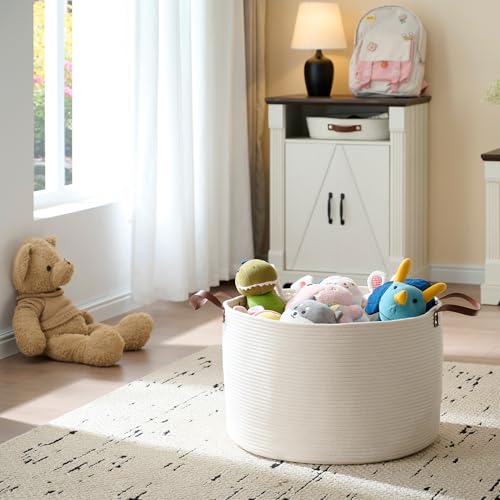 Extra Large Nursery Storage Basket, 22 x 22 x 14 inches - 100% Cotton Rope Baskets with Handles, Laundry Basket for Toys, Blankets & Pillows - Off White with Leather Handles - color: White
