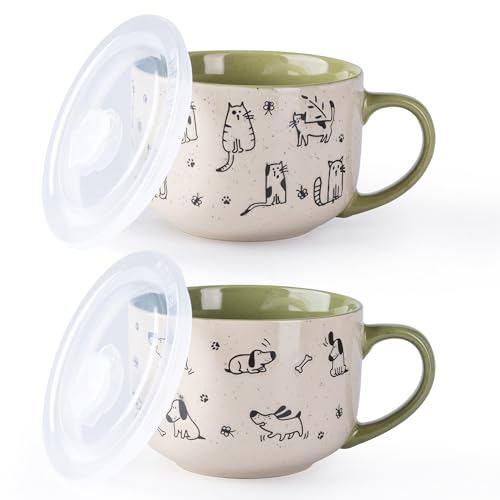 AmorArc 24 Ounces Ceramic Soup Mugs with Lids and Handle, Stoneware Bowls Cup Set of 2 for Soup, Stew, Noodle, Beautiful Mug Bowls With Lovely Dog,Cat Patterns, Microwave&Dishwasher Safe,Olive - color: Olive, size: 24oz