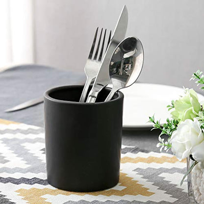 MyGift Set of 2 Black Ceramic Utensil Holder Kitchen Canister Cooking Tools Crock, Large and Small Countertop Silverware Caddy