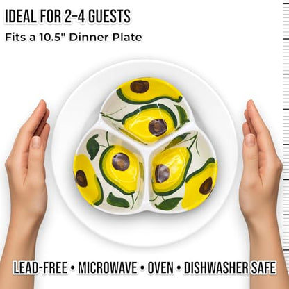 3-Compartment Ceramic Serving Dish, Handmade in Spain | 7.5” divided chip and dip bowl with lead-free glaze, microwave, oven and dishwasher safe, ideal for tapas, snacks and sauces - color: Rustic Avocado