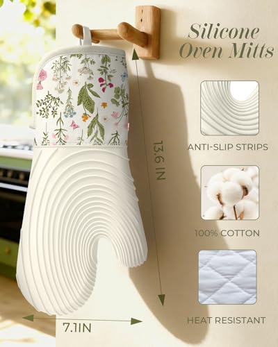 Slohif Long Silicone Oven Mitts Heat Resistant for Women - 2 Pcs Beige Floral 100% Cotton Oven Gloves, Non-Slip and Waterproof Silicone Oven Mitts with Hanger for Baking and Cooking - color: White Green