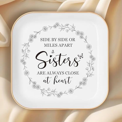 Gifts for Friends Going Away Friendship Ceramic Ring Dish (Sister) | Best Friend Birthday Gifts for Women – Side By Side Or Miles Apart, Sisters Are Always Close At Heart，Sister Gift - color: White-sister