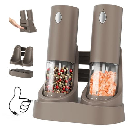 CIRCLE JOY Electric Salt and Pepper Grinder Set Automatic Salt and Pepper Grinder Set with Easy-to-Carry Charging Base and LED Light, USB Rechargeable, Upgrade External Adjustable Coarseness, Green - color: Brown