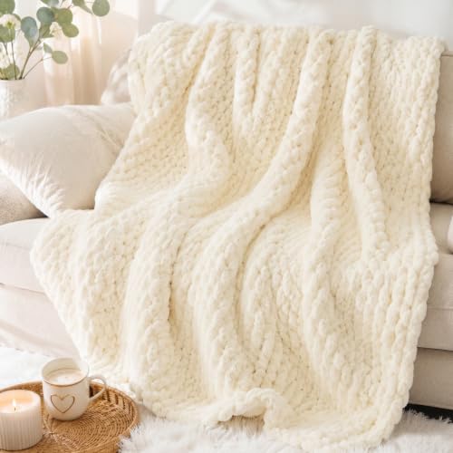 Luxury Chunky Knit Throw Blanket, Boho Chenille Cable Knit Blankets 50x60 | Upgraded no-shedding yarn, Super dense woven craftsmanship ensures durable cozy warmth for sofa, without pilling or fading.