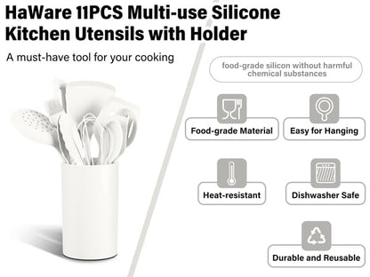 HaWare 11 PCS Silicone Cooking Utensils Set, Heat Resistant Kitchen Utensils with Holder, Food-grade Spatula Sets for Nonstick Cookware, Kitchen Tools Gadgets Include Fish Turner, Spoon (White) - color: White