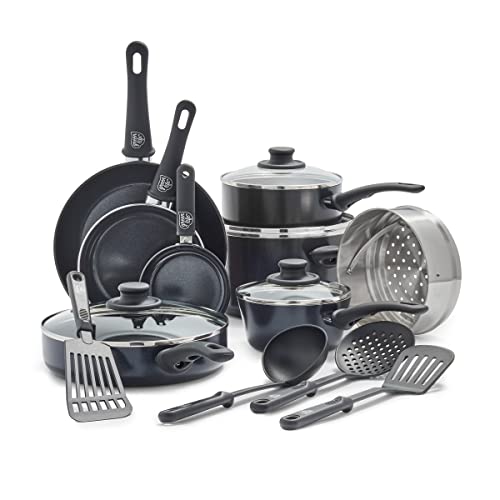 GreenLife 16 Piece Ceramic Nonstick Pots & Pans Cookware Set, Black | PFAS-Free Nonstick Coating, Stockpot, Frying Pans, Saucepans, Sauté Pan, Stay-Cool Handles, Dishwasher & Oven Safe up to 350F - color: Black, style: Soft Grip
