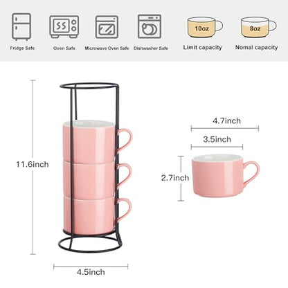 10oz Porcelain Stackable Coffee Mugs and Metal Stand Set of 4, Espresso Cups Set for Hot Drinks, Cappuccino, Tea-Pink - color: Pink