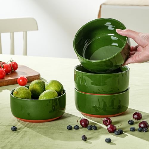 28 OZ Ceramic Cereal Bowls Set, 6 Inch, Set of 4, Elegant Green | Handcrafted, Dishwasher & Microwave Safe, Stoneware Deep Soup Bowls for Everyday Use - color: Green, size: Cereal Bowls Set (4PCS)