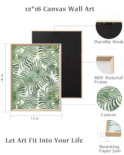 UPWOIGH Sage Green Botanical Framed Wall Art, 12 x 16 Inch, Set of 3 | Watercolor Leaf, Palm and Fern Prints, Sage Green Botanical Design, Light Wood Frames for Bedroom, Office and Gallery Wall - color: Green MDF