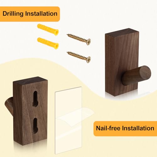 SIAMESE Wooden Wall Hooks, 4 Pcs Adhesive or Nail in Walnut Wood Coat Hooks Wall Mounted for Robe, Towel, Hat, Key, Bag, Clothes in Entryway, Bedroom or Closet (Walnut Wood)