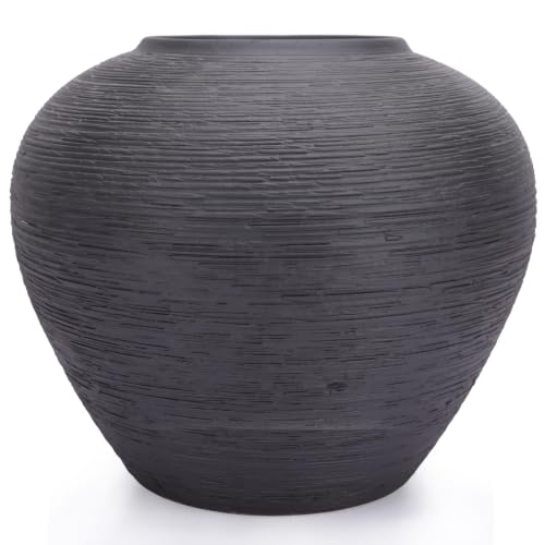 Charcoal Black Ceramic Vase, Round Vase with Textured Finish for Home Decor | 8.7-Inch-Wide Water-Holding Black Flower Vase, 3.9-Inch Wide Mouth and Hand-Textured Matte Finish for Fuller Arrangements - color: Ribbed Black
