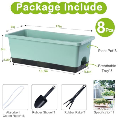 Window Box Planter 8 Pcs, 17 Inches Rectangle Flower Pots with Drainage Holes & Trays, Vegetable Planters for Windowsill Patio Garden Balcony Home Indoor Outdoor (Green, 16 * 7 * 6 inch) - color: Green
