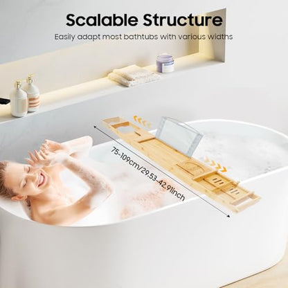 Bamboo Shelf, Expandable Bamboo Bathtub Tray with Wine Glass Holder & Tablet Stand, Adjustable 29.5-42.9 Inch Bath Caddy for Spa Relaxation, Home & Mothers Day & Birthday Gifts for Mom