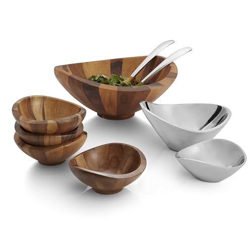 nambe Butterfly Acacia Wood Salad Bowl with 2 Salad Servers | Made of Acacia wood and Nambe Alloy | Large Deep Wooden Bowls | Acacia Wood Salad Bowl Set | Designed by Sean O’hara (16-in)
