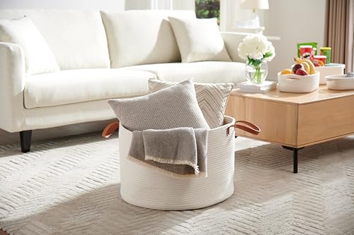 Extra Large Nursery Storage Basket, 22 x 22 x 14 inches - 100% Cotton Rope Baskets with Handles, Laundry Basket for Toys, Blankets & Pillows - Off White with Leather Handles - color: White