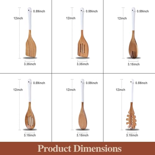 Wooden Spoons For Cooking, 6 Pieces Natural Acacia Wooden Cooking Utensils or Non-Stick Wood Kitchen Utensil Set for Kitchen Essentials, Wooden Cooking Utensils Set with Hanging Hole, White - color: White
