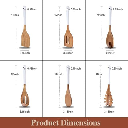 Wooden Spoons For Cooking, 6 Pieces Natural Acacia Wooden Cooking Utensils or Non-Stick Wood Kitchen Utensil Set for Kitchen Essentials, Wooden Cooking Utensils Set with Hanging Hole, White - color: White