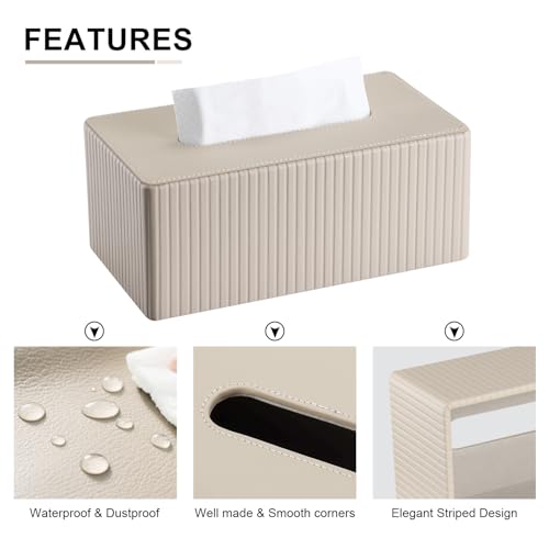 PU Leather Tissue Box Cover Rectangular Tissue Box Holder with Magnetic Bottom, Napkin & Facial Tissue Holder Dispenser for Home, Office for Standard 120-count/160-count (2-Ply) Beige Stripe - color: Beige Stripe