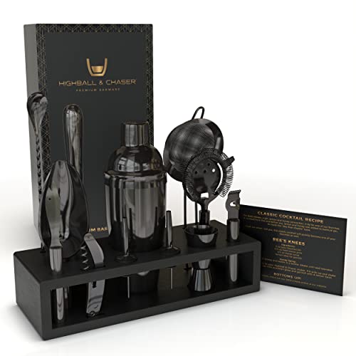 Highball & Chaser 13-Piece Cobbler Cocktail Shaker Set: Black Polished Stainless Steel Bartender Kit for Home Bar Set | Laser Engraved Tools Plus E-Book with 30 Recipes - color: Gunmetal