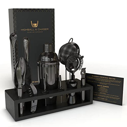 Highball & Chaser 13-Piece Cobbler Cocktail Shaker Set: Black Polished Stainless Steel Bartender Kit for Home Bar Set | Laser Engraved Tools Plus E-Book with 30 Recipes - color: Gunmetal