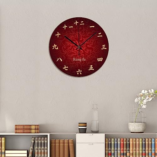 Chinese Calligraphy Kong Fu Wall Clock 10x10 Inch Bedroom PVC Wall Clock Silent Non-Ticking Battery Operated Rustic Wall Hanging PVC Wall Clocks for Farmhouse Office Classroom - color: Style-7, size: 10x10in（black）