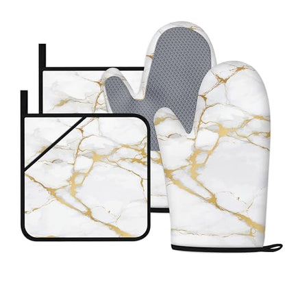Oven Mitts and Pot Holders Sets White Gold Marble Kitchen Accessories of 4 Heat Resistant Oven Gloves Hot Pads with Non-Slip Silicone Surface for Chef Cooking Baking - color: White Gold
