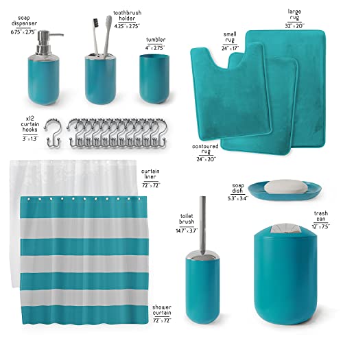 Clara Clark Bathroom Set - Teal Bathroom Accessories Set, Bathroom Sets with Shower Curtain and Rugs, 23PC Shower Curtain Set with Liner, Soap Dispenser, Soap Dish, Toilet Brush Holder, and Trash Can - color: Teal, size: Complete Set + Bath Rugs