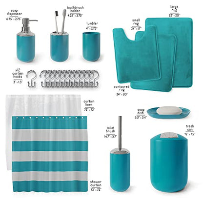 Clara Clark Bathroom Set - Teal Bathroom Accessories Set, Bathroom Sets with Shower Curtain and Rugs, 23PC Shower Curtain Set with Liner, Soap Dispenser, Soap Dish, Toilet Brush Holder, and Trash Can - color: Teal, size: Complete Set + Bath Rugs
