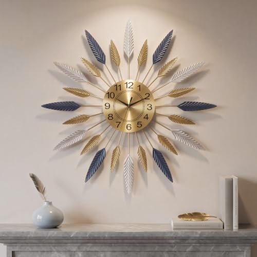 Cuspin 30 Inch Large Wall Clock, Mid Century Modern Silent Non Ticking Battery Operated Sunburst Wall Clock, Decorative Metal Gold Clocks for Living Room, Dining Room, Bedroom, Office - color: Leaf Sunburst, size: Large