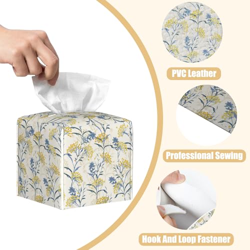Yellow Berries and Leaves Tissue Box Cover Square, Autumn Floral Tissue Box Holder with Bottom Belt Leather Facial Paper Organizer Dispenser for Bathroom Bedroom Dresser Night Stand Tabletop - color: Yellow Berries and Leaves