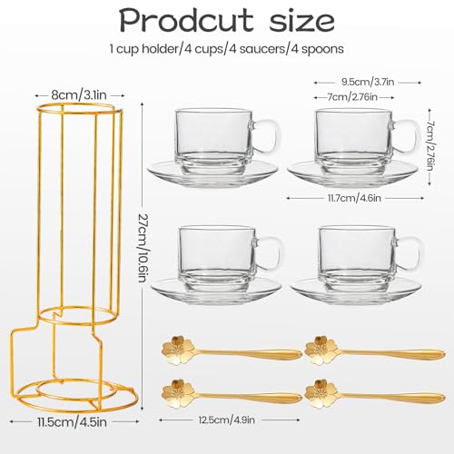 5.4 oz Espresso Cups Set of 4,Stackable Glass Coffee Cups with Cup Holder | with Saucers Spoons,Clear Tea Cup Espresso Cups Set for Home Office Break Room Tea Party