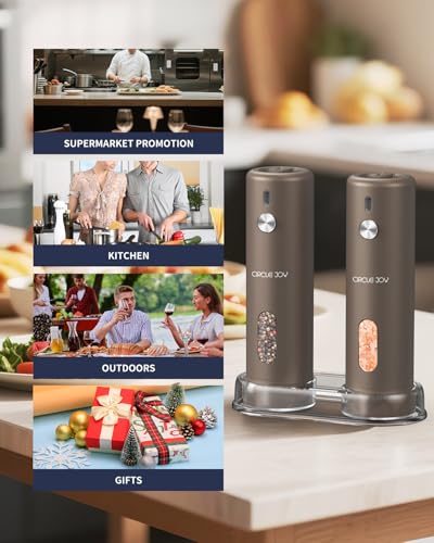 CIRCLE JOY Rechargeable Electric Salt and Pepper Grinder Set with Base, Automatic Pepper Mills with 110ml Container, External Adjustable Coarseness, White Led Light and One-Handed Operation, Brown - color: Brown