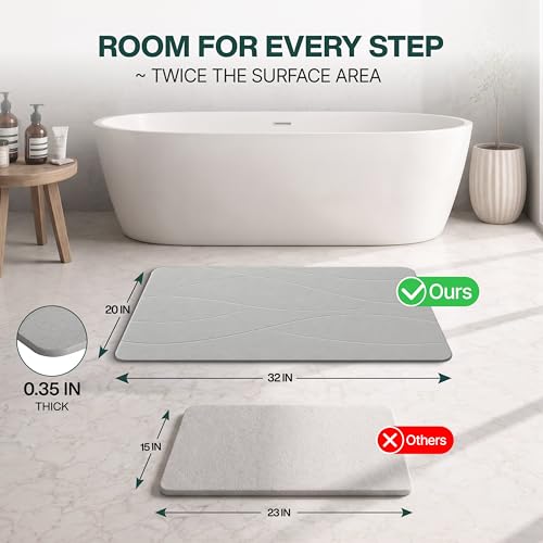 Extra Large Stone Bath Mat 32 x 20 Inch | Quick Dry Diatomaceous Earth Bath Mat | Includes Anti Slip Pad & Restoration Kit - A Quick Dry Bath Mat & Cleaner Alternative to Fabric | Light Gray XL
