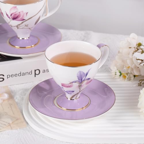 KAMMAK Ceramic Coffee Cups Saucers Set of 2, Porcelain Espresso Cups with Saucers, 8.12 oz Handcrafted Elegant Bone China Tea Cups, Purple Hibiscus & Iris Flower Pattern Teacup for Party, Office, Gift - color: Strolling in the Flower Garden (Hibiscus + Ir