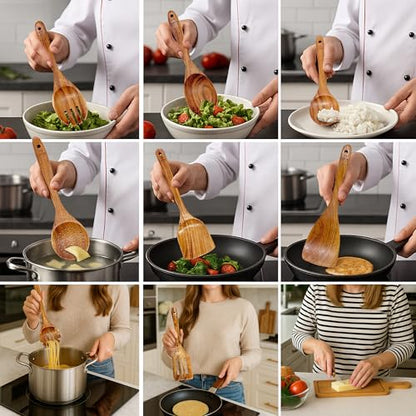 Wooden Spoons for Cooking, 10 Pcs Teak Wooden Kitchen Utensil Set, Teak Wooden Utensil Set, wooden cooking utensils, non toxic cooking utensils with knife and bamboo board