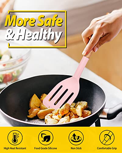 Pack of 2 Silicone Cooking Spatula, Heat Resistant Solid Turner, Non Stick Slotted Spatulas with Wooden Short Handle,Ideal Wood Kitchen Utensils Set for Frying, Baking, Flipping, Turning - color: Pink
