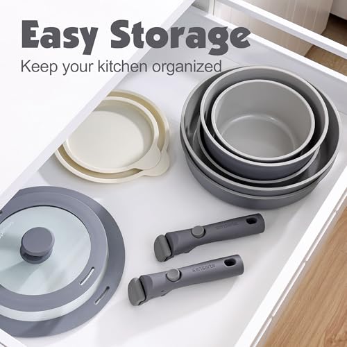 SENSARTE 24 Piece Ceramic Detachable Handle Pots and Pans Set Gray | Ceramic Cookware Set, Induction Cookware Set with Removable Handle, Healthy Non Stick for RV, Dishwasher ＆ Oven Safe - color: Gray, size: 24 Piece